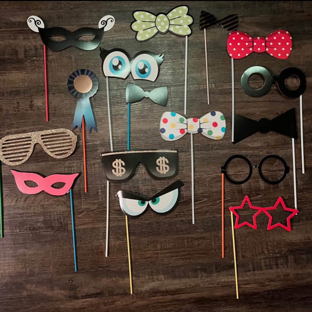 Colorful Party Photo Booth Props Set (73 ct.) & 2 fun Backdrops
